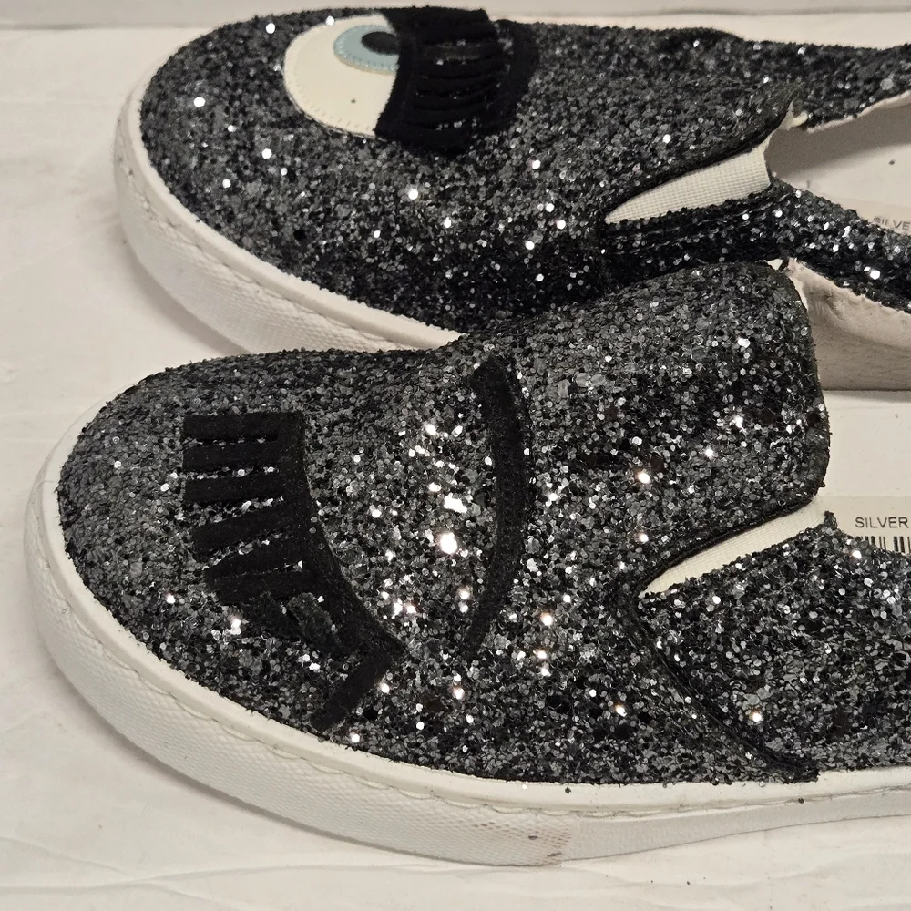NEW‎ Chiara FerragniDark Grey Glitter Flirting Wink Eye Leather Sneakers SZ 36